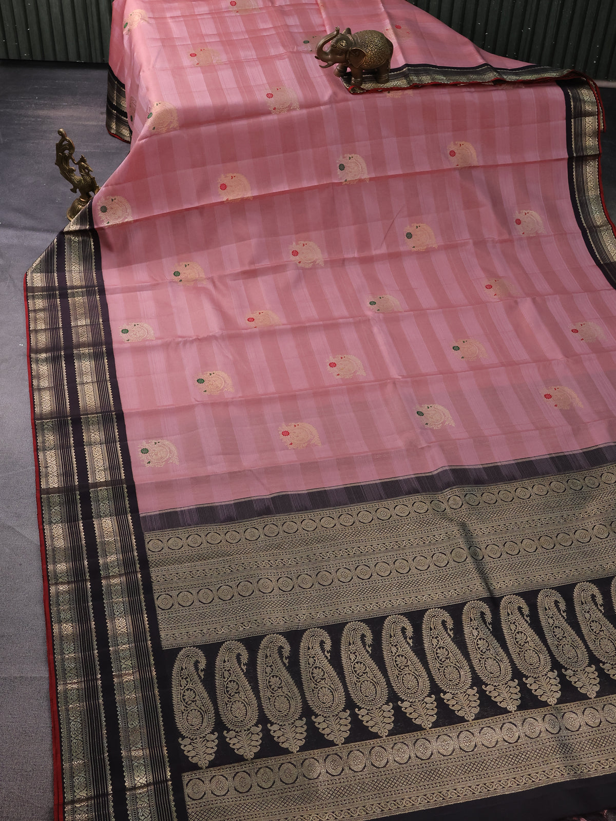 Peach-Coffee Brown Kanchipuram Silk Saree With golden zari buttas & Rich zari border