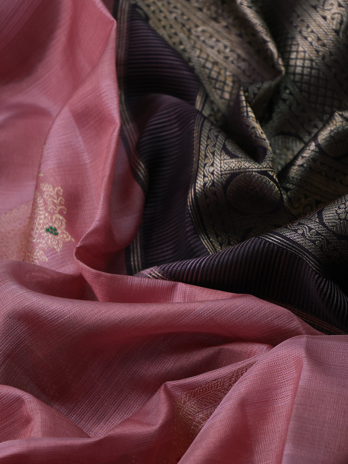 Peach-Coffee Brown Kanchipuram Silk Saree With golden zari buttas & Rich zari border