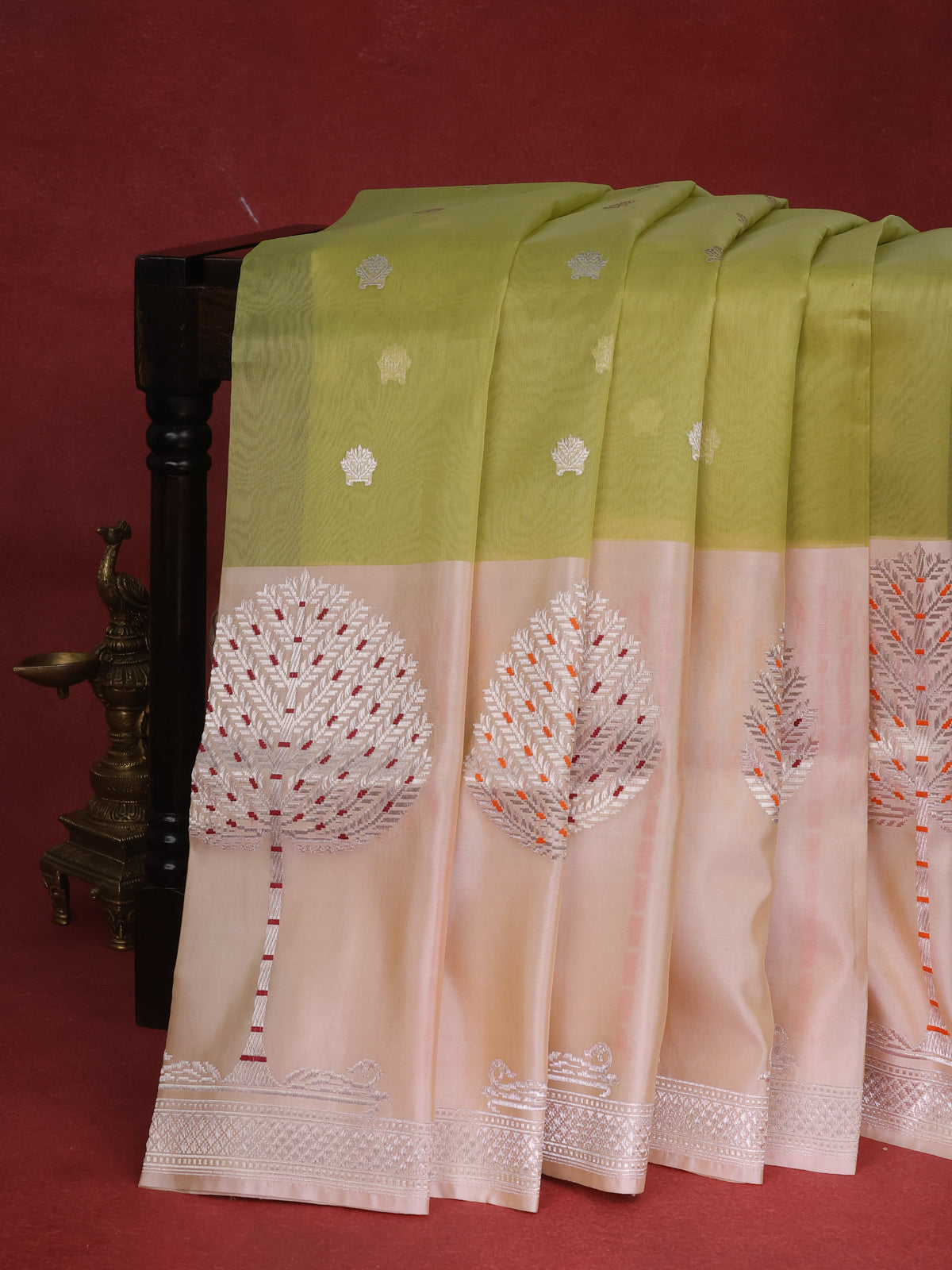 Pista Green & Cream Banarasi Kora Saree With Zari Buttas & Long Rich Border