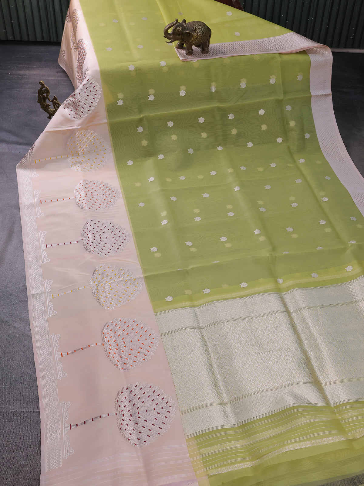 Pista Green & Cream Banarasi Kora Saree With Zari Buttas & Long Rich Border