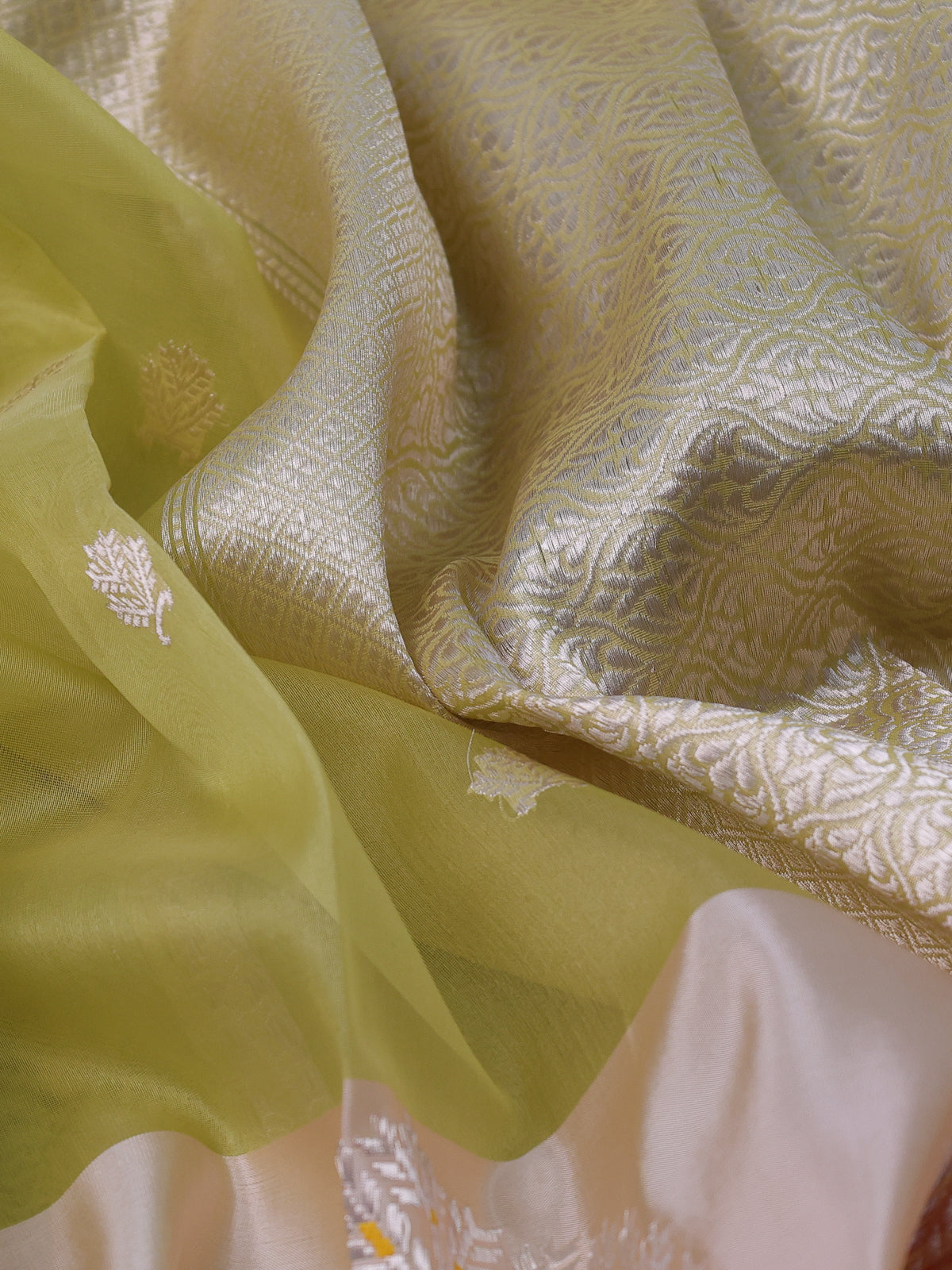 Pista Green & Cream Banarasi Kora Saree With Zari Buttas & Long Rich Border