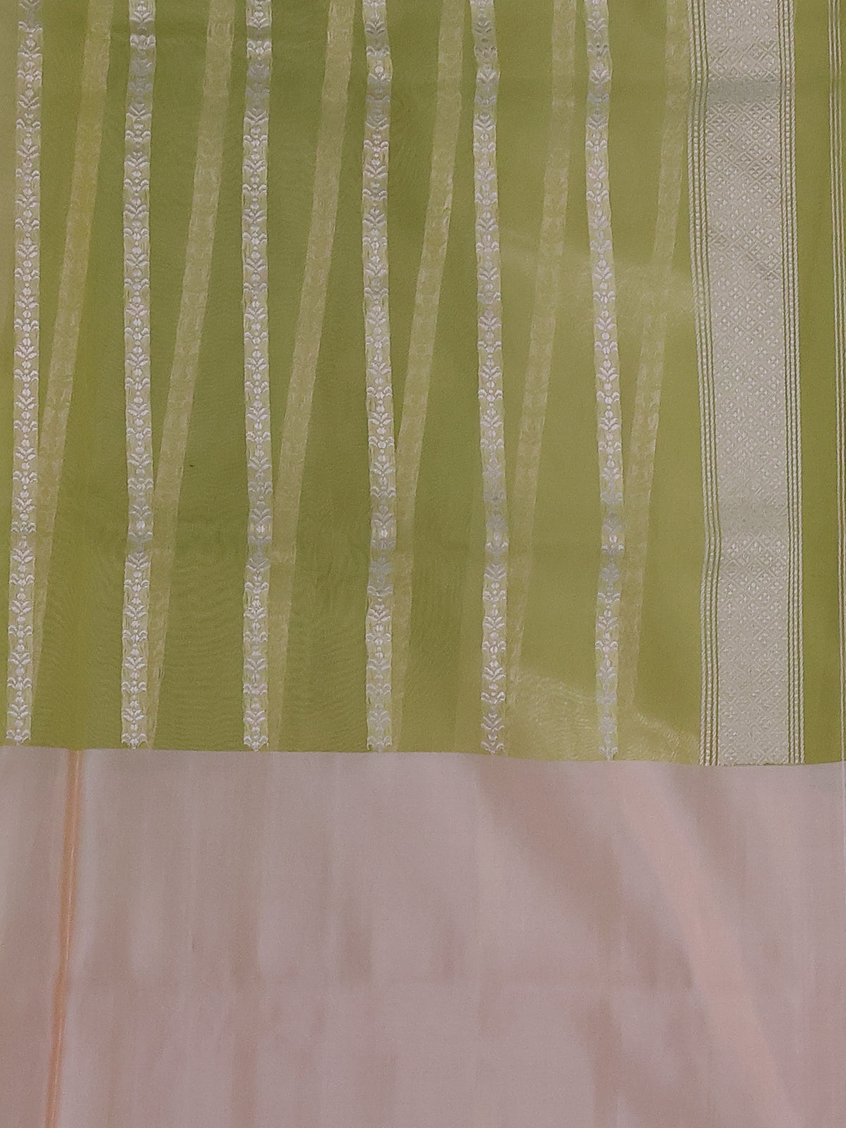 Pista Green & Cream Banarasi Kora Saree With Zari Buttas & Long Rich Border