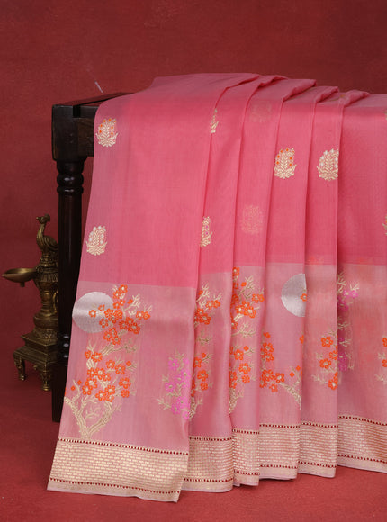 Light Pink Banarasi Kora Saree With Allover Zari Buttas & Rich Border