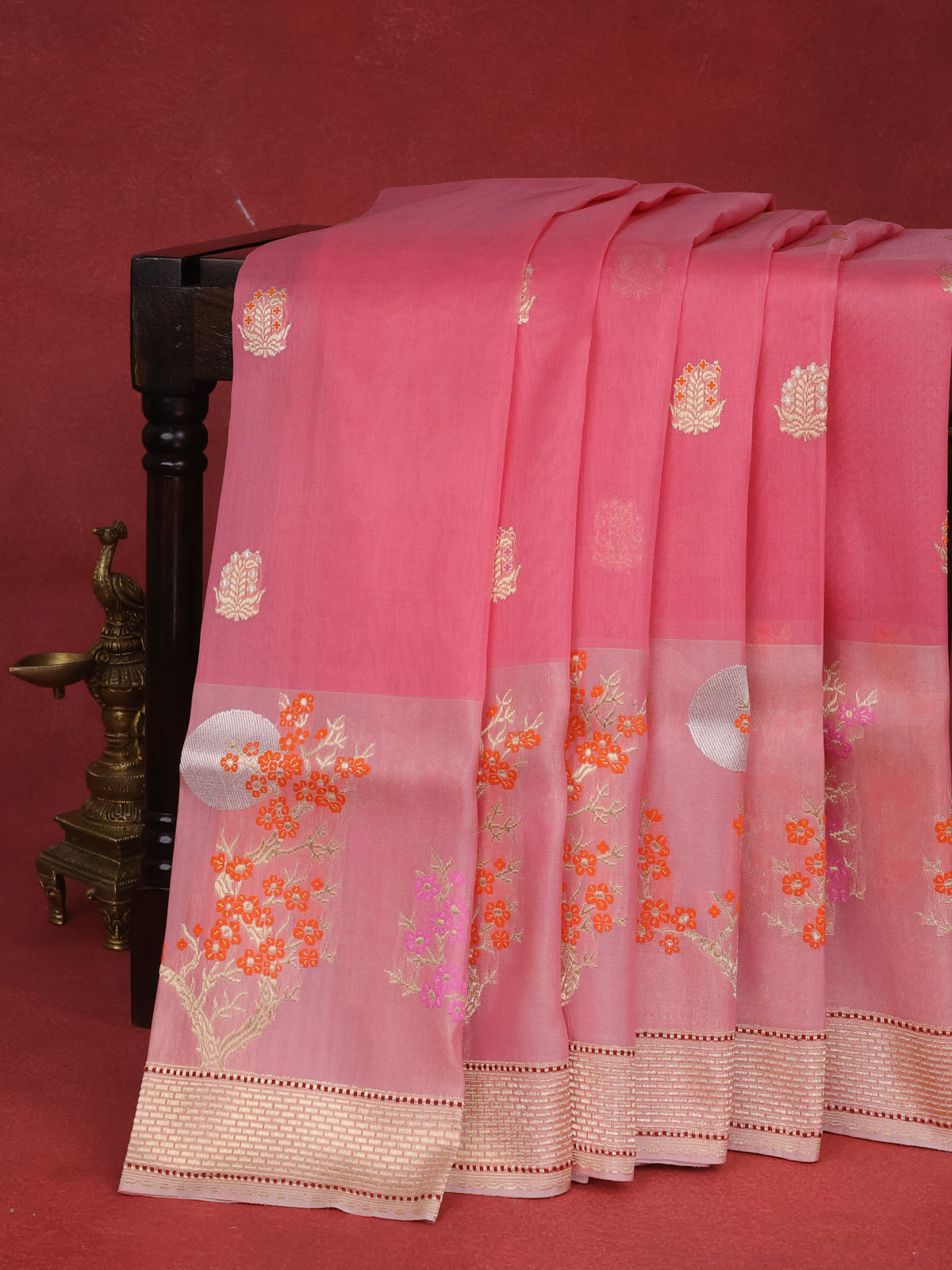 Light Pink Banarasi Kora Saree With Allover Zari Buttas & Rich Border