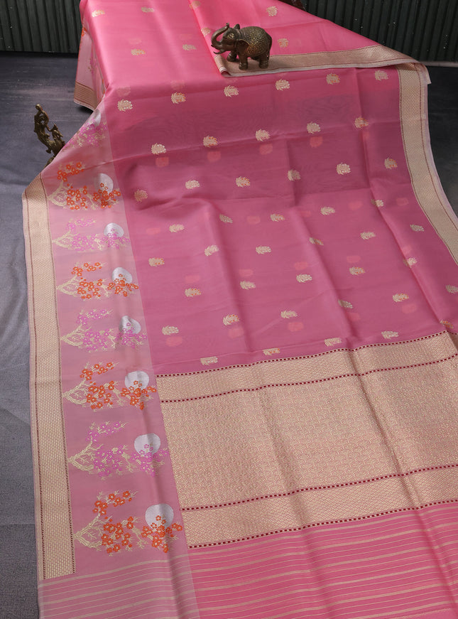 Light Pink Banarasi Kora Saree With Allover Zari Buttas & Rich Border