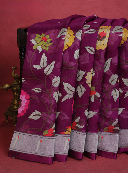 Purple Organza Silk Saree With Floral Embroidey & Rich Muniya Style Border