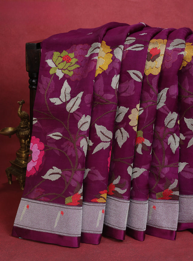 Purple Organza Silk Saree With Floral Embroidey & Rich Muniya Style Border