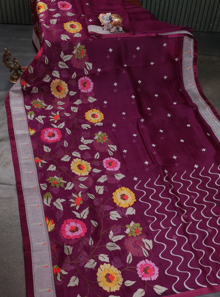 Purple Organza Silk Saree With Floral Embroidey & Rich Muniya Style Border