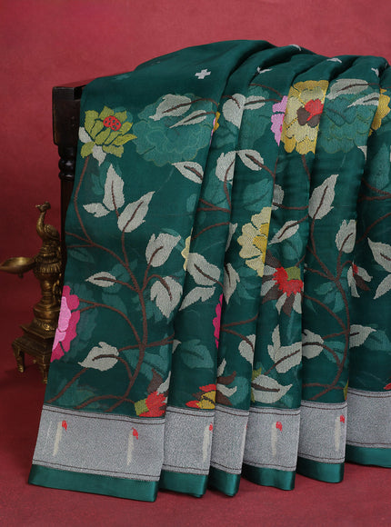 Green Organza Silk Saree With Floral Embroidey & Rich Muniya Style Border