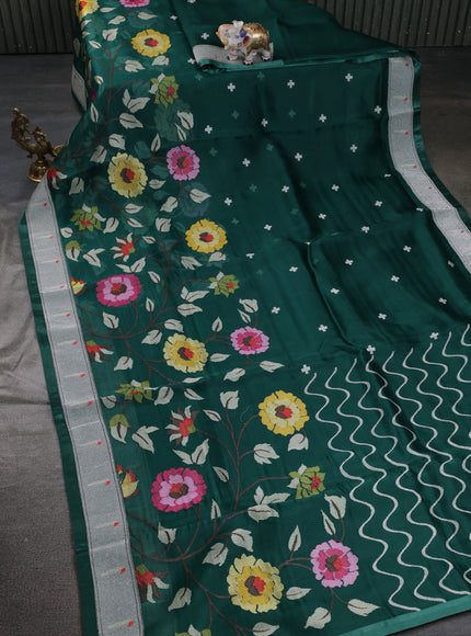 Green Organza Silk Saree With Floral Embroidey & Rich Muniya Style Border
