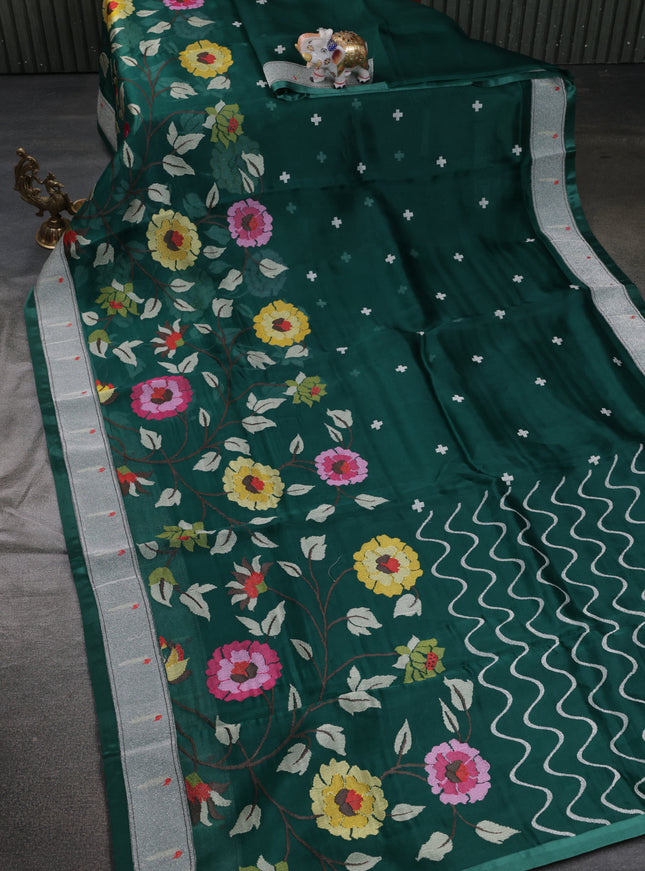 Green Organza Silk Saree With Floral Embroidey & Rich Muniya Style Border