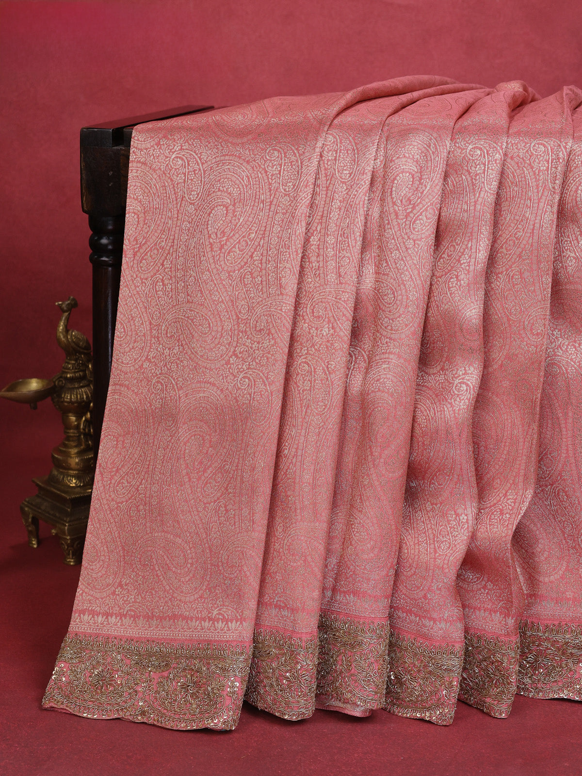 Peach Banarasi Silk Saree With Brocade Zari Weaves & Embroided Border