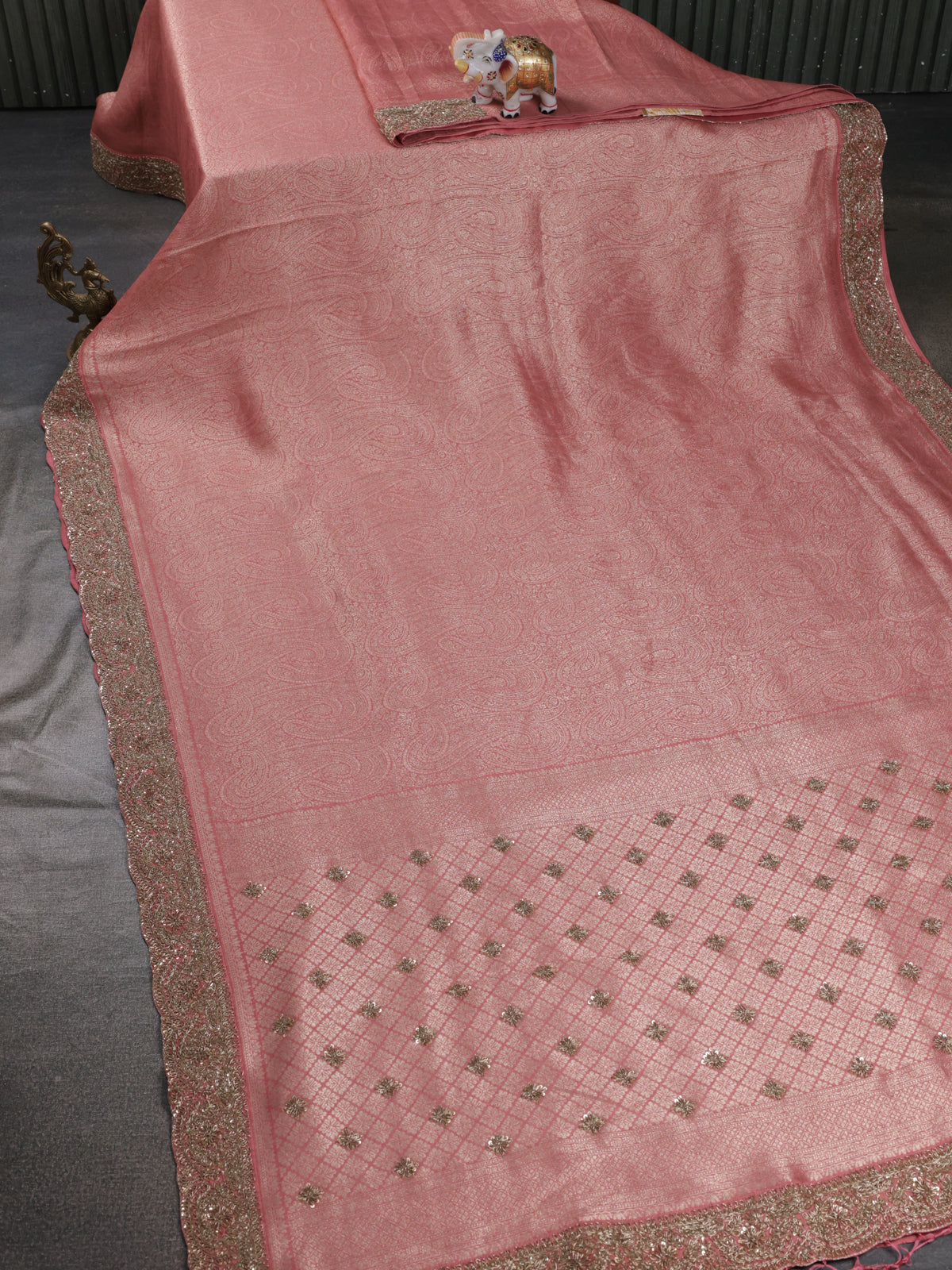 Peach Banarasi Silk Saree With Brocade Zari Weaves & Embroided Border