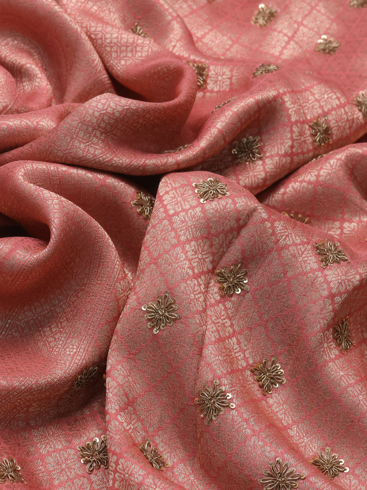 Peach Banarasi Silk Saree With Brocade Zari Weaves & Embroided Border