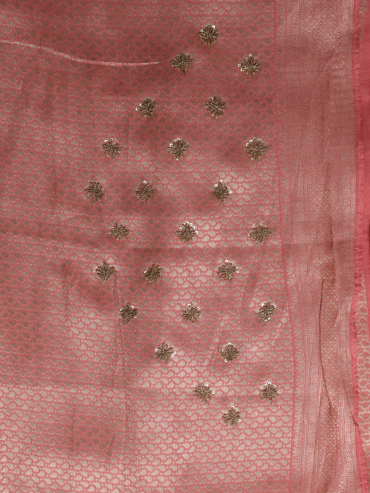 Peach Banarasi Silk Saree With Brocade Zari Weaves & Embroided Border