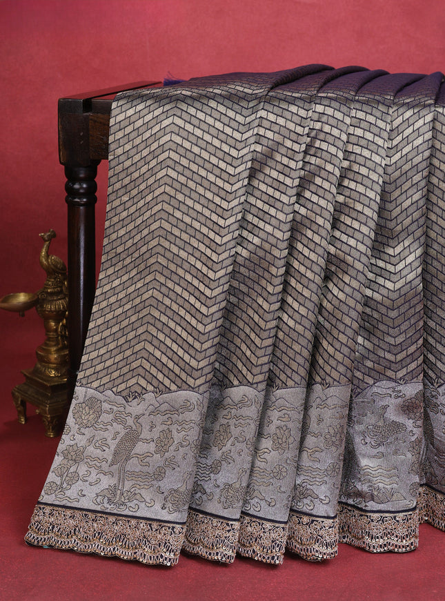 Navy Blue Banarasi Silk Saree With Brocade Zari Weaves & Embroided Border