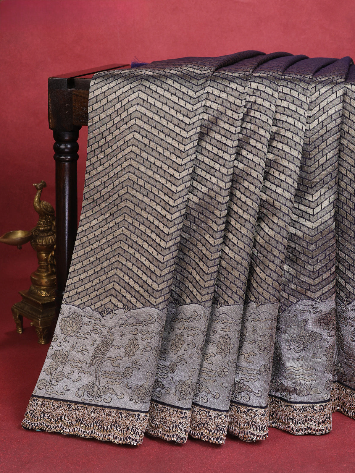 Navy Blue Banarasi Silk Saree With Brocade Zari Weaves & Embroided Border