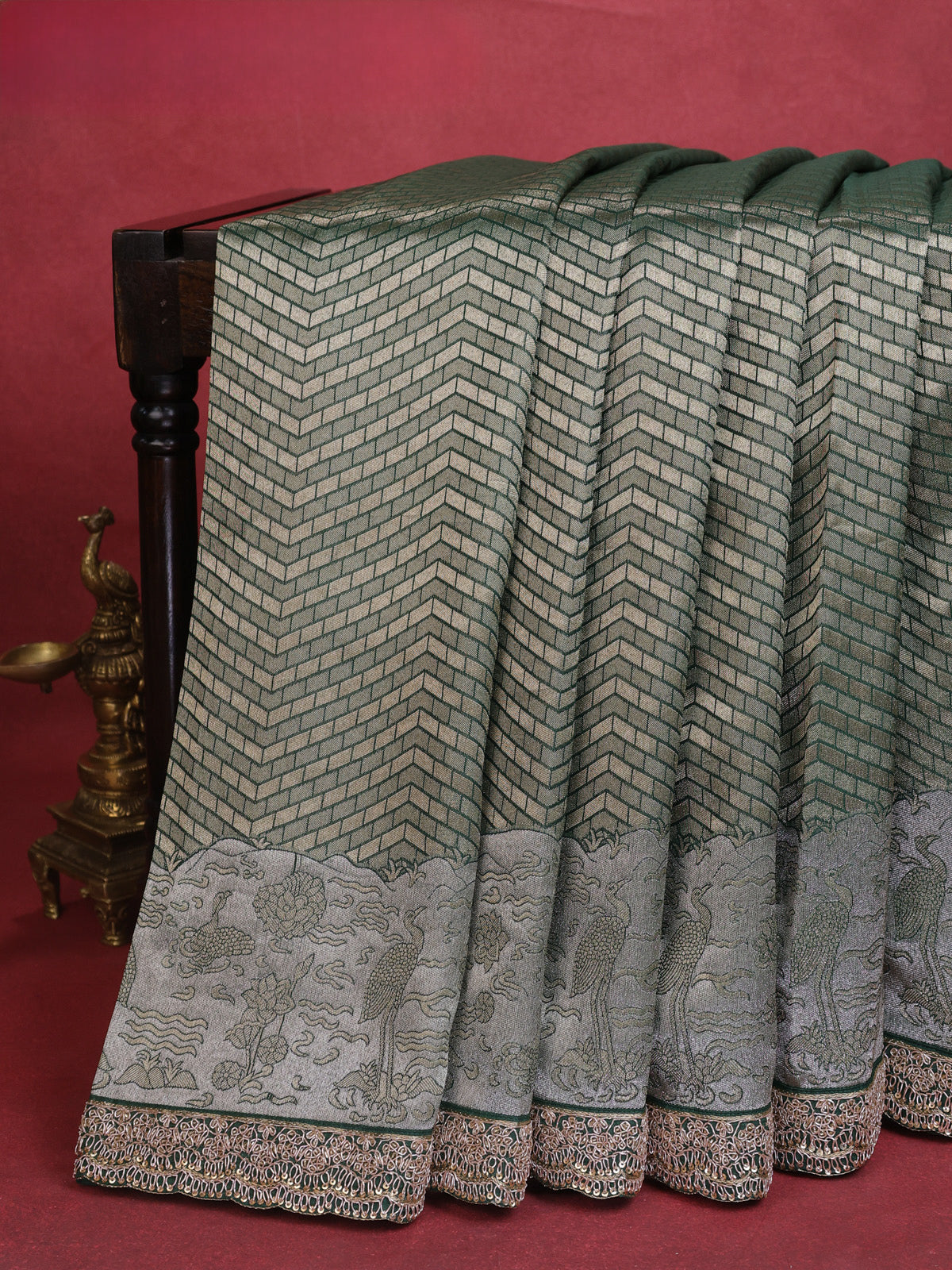 Green Banarasi Silk Saree With Brocade Zari Weaves & Embroided Border