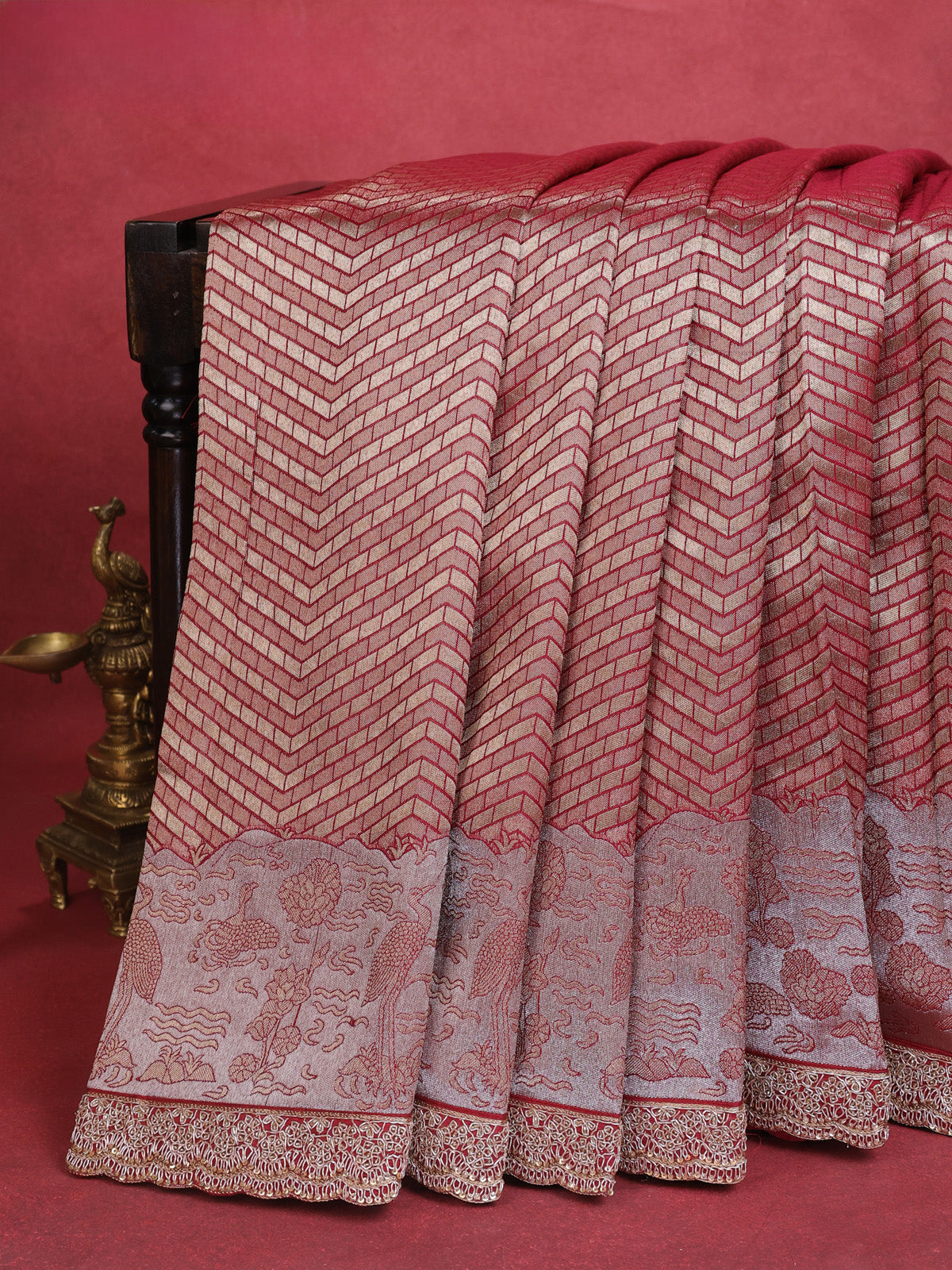 Maroon Banarasi Silk Saree With Brocade Zari Weaves & Embroided Border