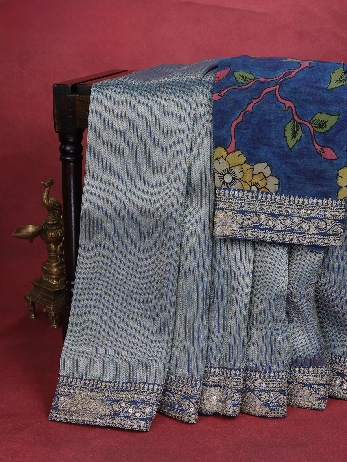 Peacock Blue Banarasi Silk Saree With Silver & Gold Zari Weaves And Embroided Border