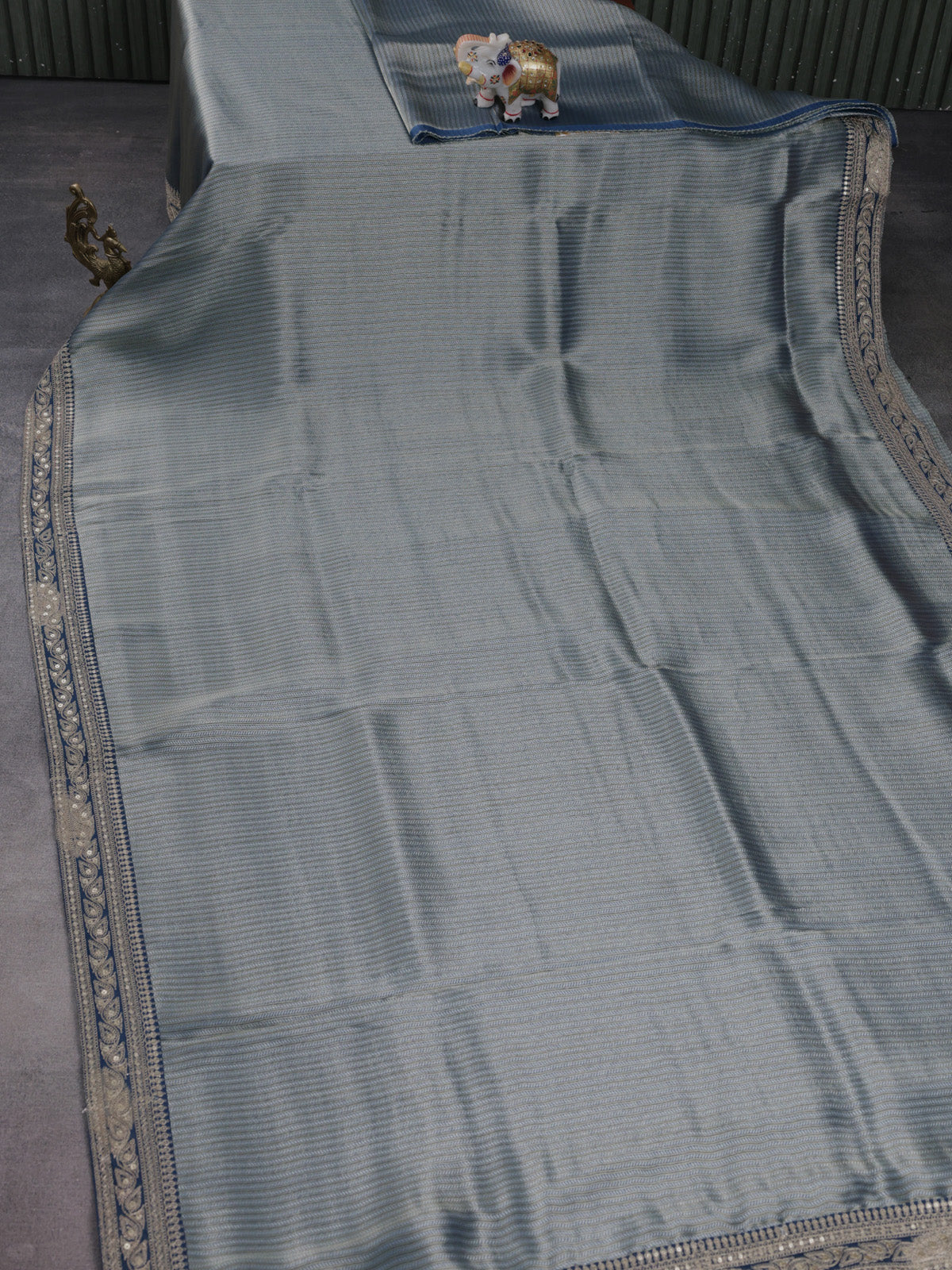 Peacock Blue Banarasi Silk Saree With Silver & Gold Zari Weaves And Embroided Border