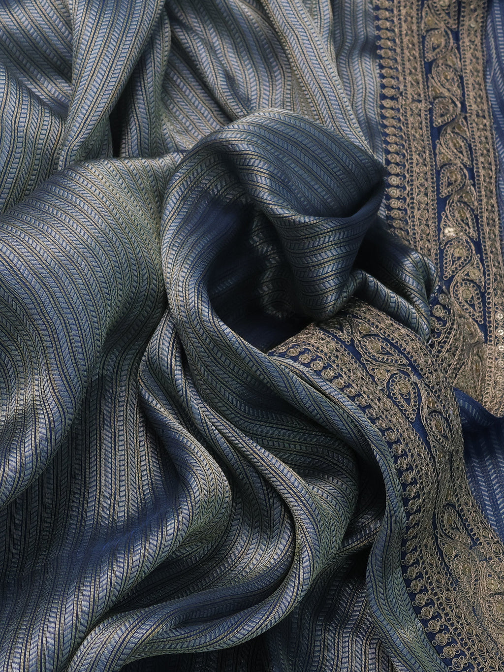 Peacock Blue Banarasi Silk Saree With Silver & Gold Zari Weaves And Embroided Border