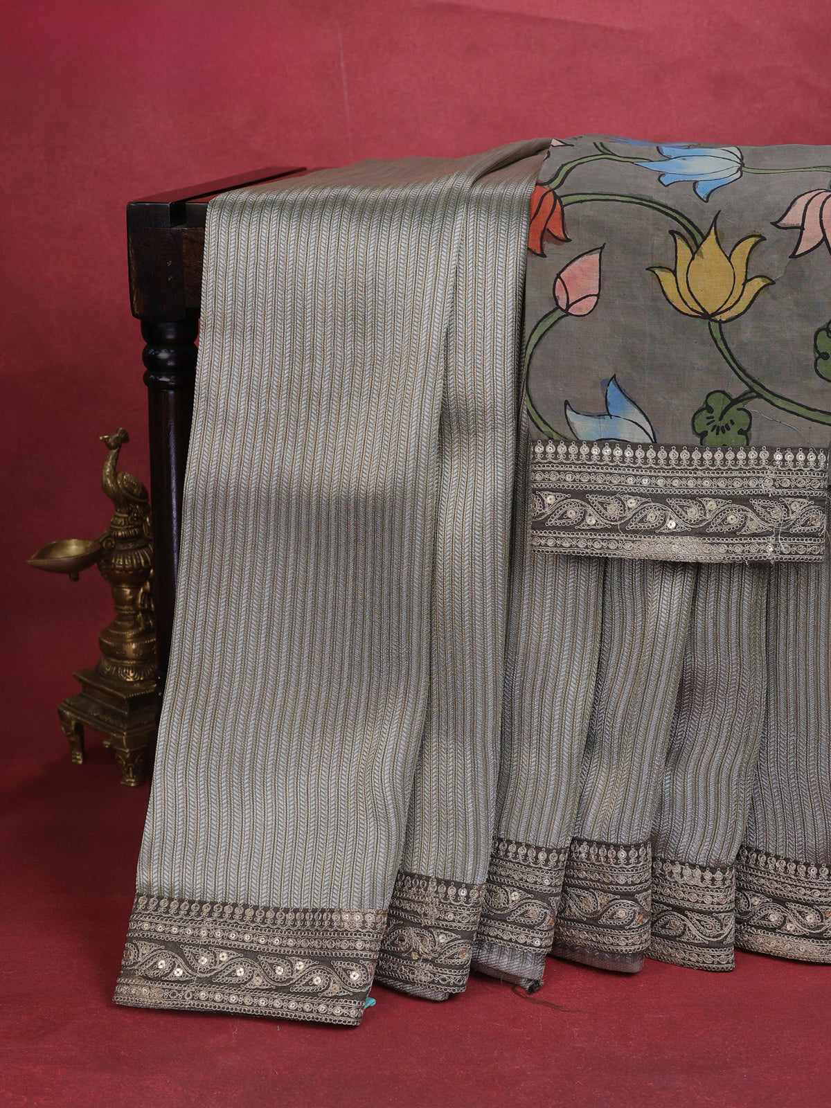 Grey Banarasi Silk Saree With Silver & Gold Zari Weaves And Embroided Border