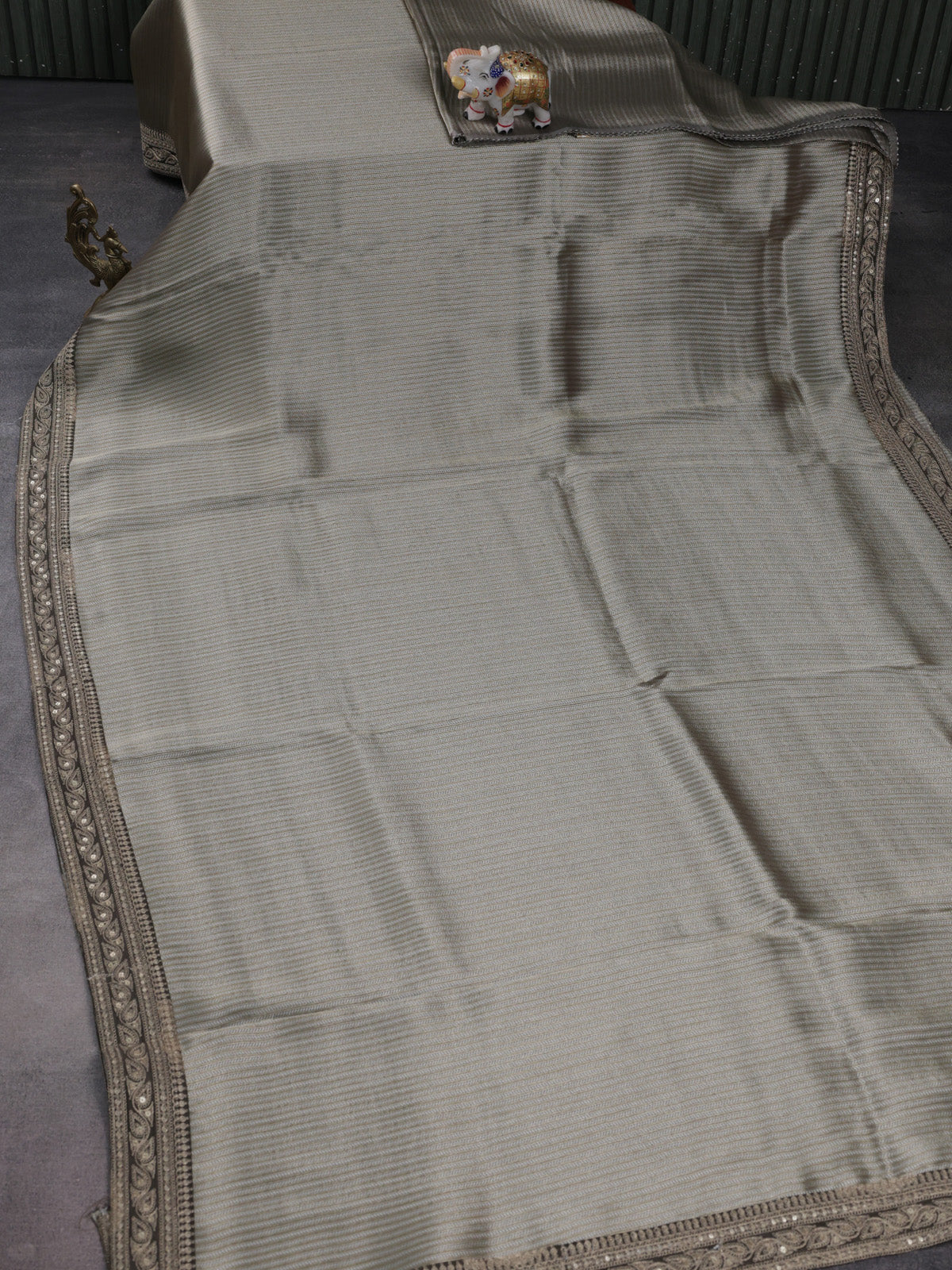 Grey Banarasi Silk Saree With Silver & Gold Zari Weaves And Embroided Border