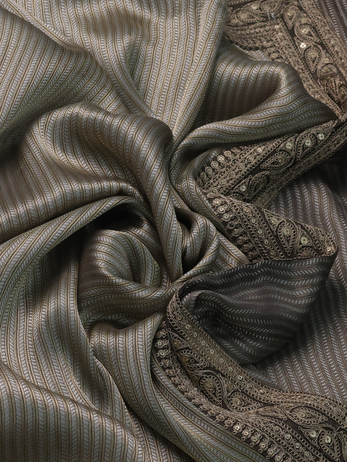 Grey Banarasi Silk Saree With Silver & Gold Zari Weaves And Embroided Border