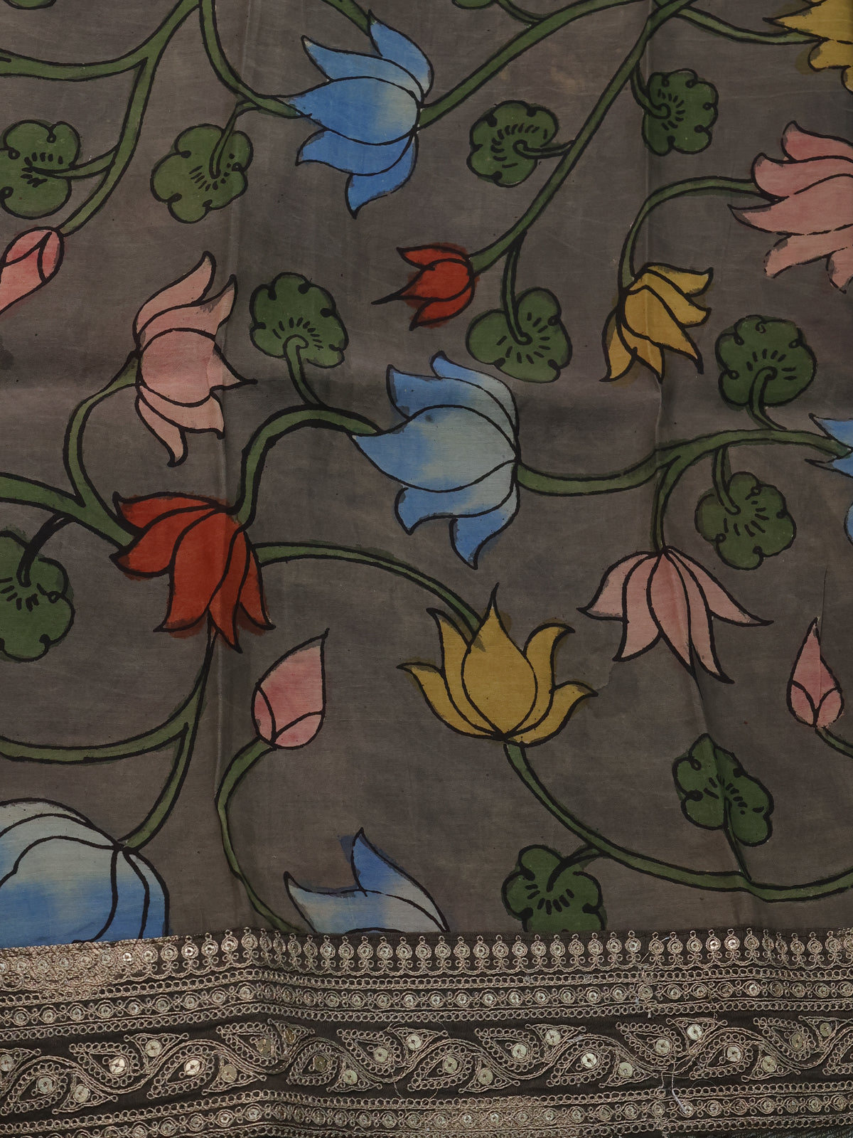 Grey Banarasi Silk Saree With Silver & Gold Zari Weaves And Embroided Border