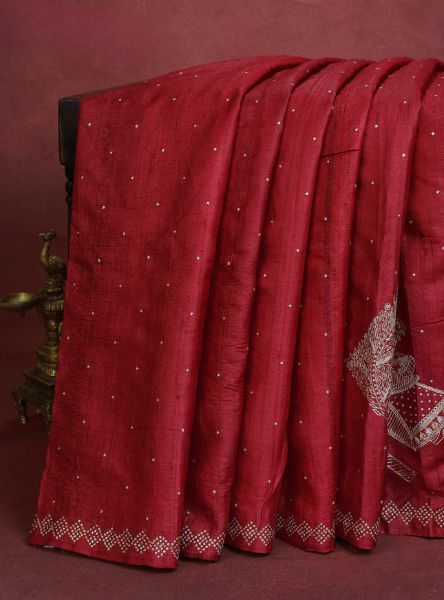 Red Pure Tussar Silk Saree With Zari Weaves & Kantha Stitch Work