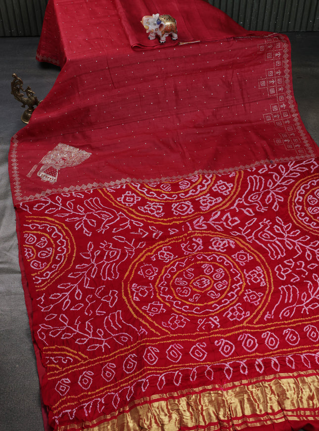 Red Pure Tussar Silk Saree With Zari Weaves & Kantha Stitch Work