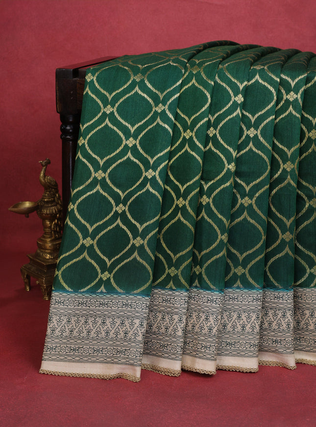 Green-Beige Chiniya Silk Saree With Zari Weaves & Embroided Border