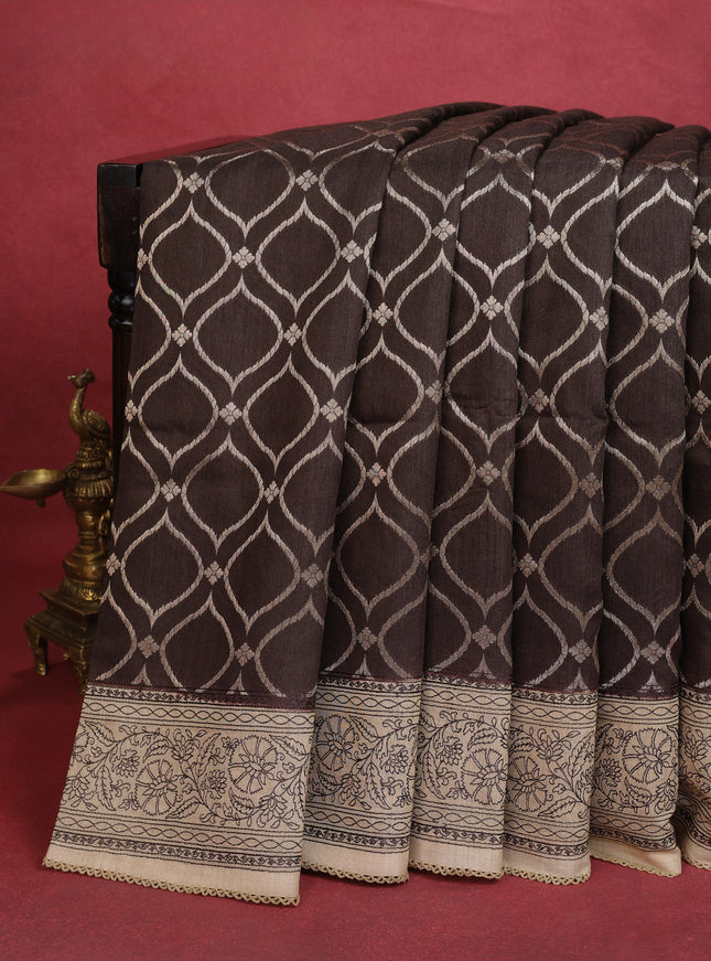 Brown-Beige Chiniya Silk Saree With Zari Weaves & Embroided Border
