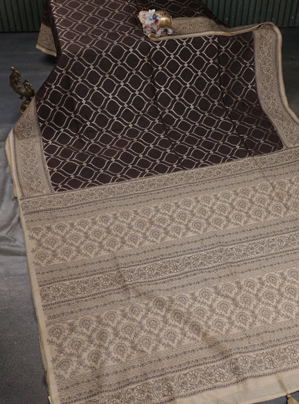 Brown-Beige Chiniya Silk Saree With Zari Weaves & Embroided Border