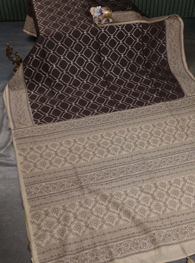 Brown-Beige Chiniya Silk Saree With Zari Weaves & Embroided Border