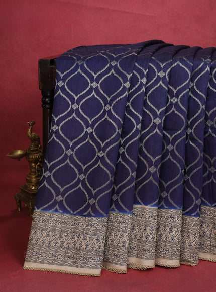 Navy Blue-Beige Chiniya Silk Saree With Zari Weaves & Embroided Border