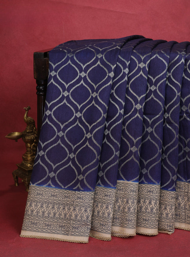 Navy Blue-Beige Chiniya Silk Saree With Zari Weaves & Embroided Border