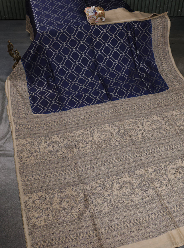 Navy Blue-Beige Chiniya Silk Saree With Zari Weaves & Embroided Border