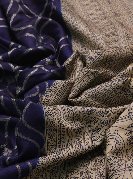 Navy Blue-Beige Chiniya Silk Saree With Zari Weaves & Embroided Border
