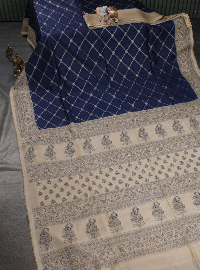 Blue-Beige Chiniya Silk Saree With Antique Zari Weaves & Embroided Border
