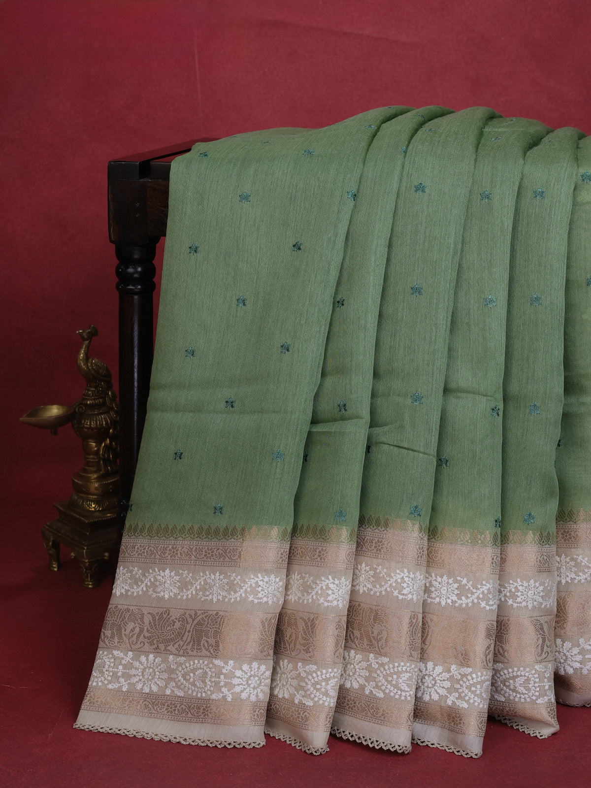 Pastel Green-Beige Handloom Tussar Silk Saree With Embroidery Motifi & Chikankari Work Border