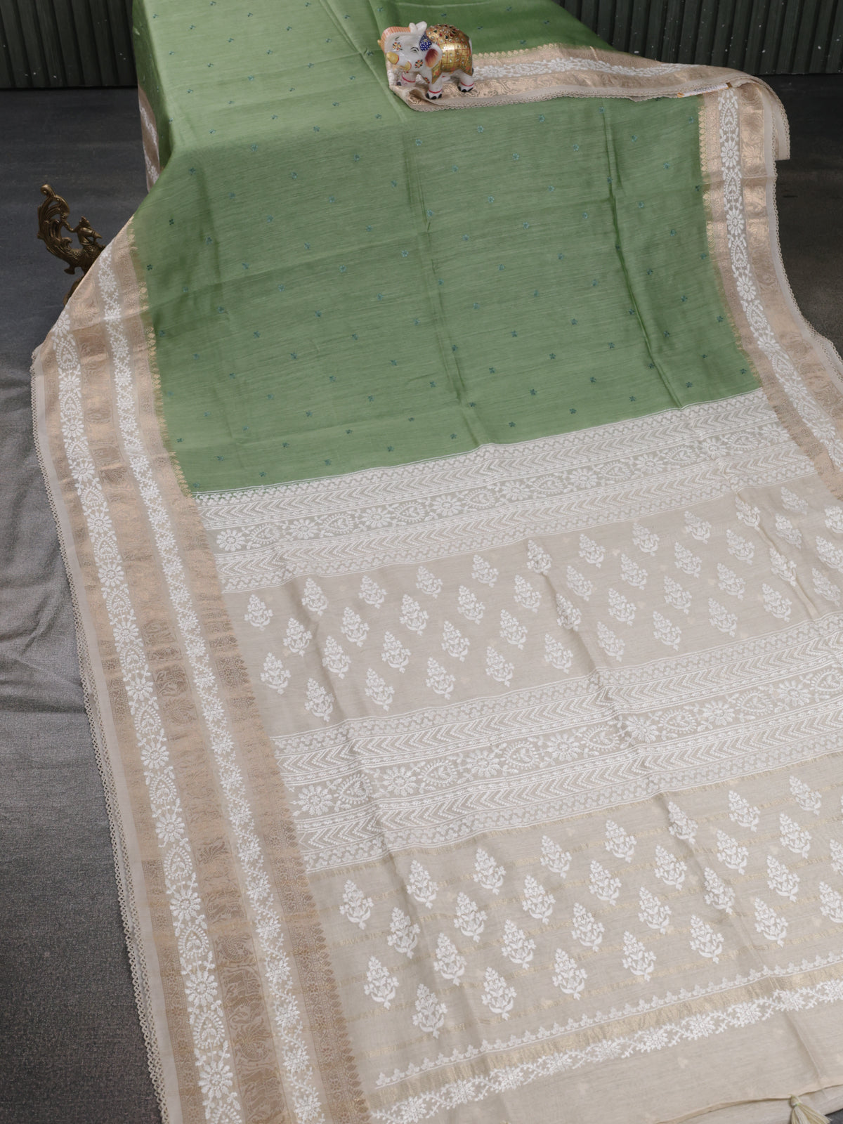 Pastel Green-Beige Handloom Tussar Silk Saree With Embroidery Motifi & Chikankari Work Border