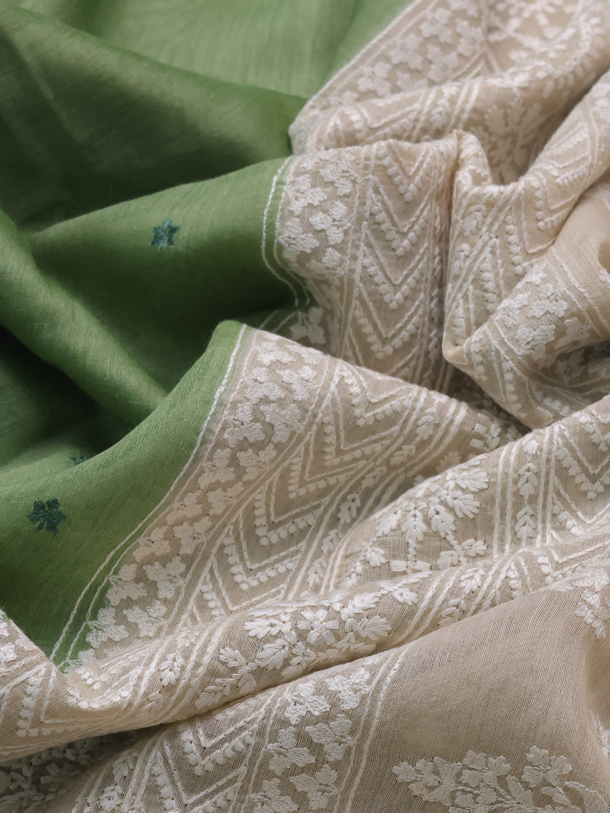 Pastel Green-Beige Handloom Tussar Silk Saree With Embroidery Motifi & Chikankari Work Border