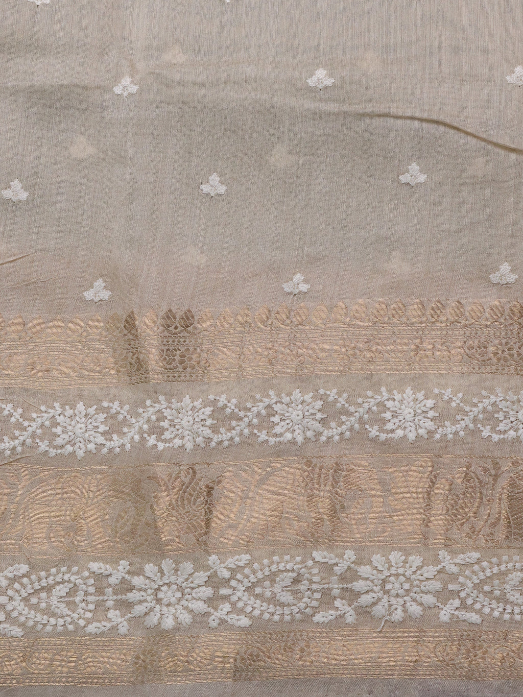 Pastel Green-Beige Handloom Tussar Silk Saree With Embroidery Motifi & Chikankari Work Border