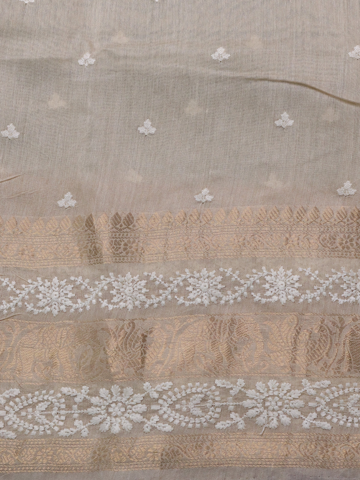 Pastel Green-Beige Handloom Tussar Silk Saree With Embroidery Motifi & Chikankari Work Border