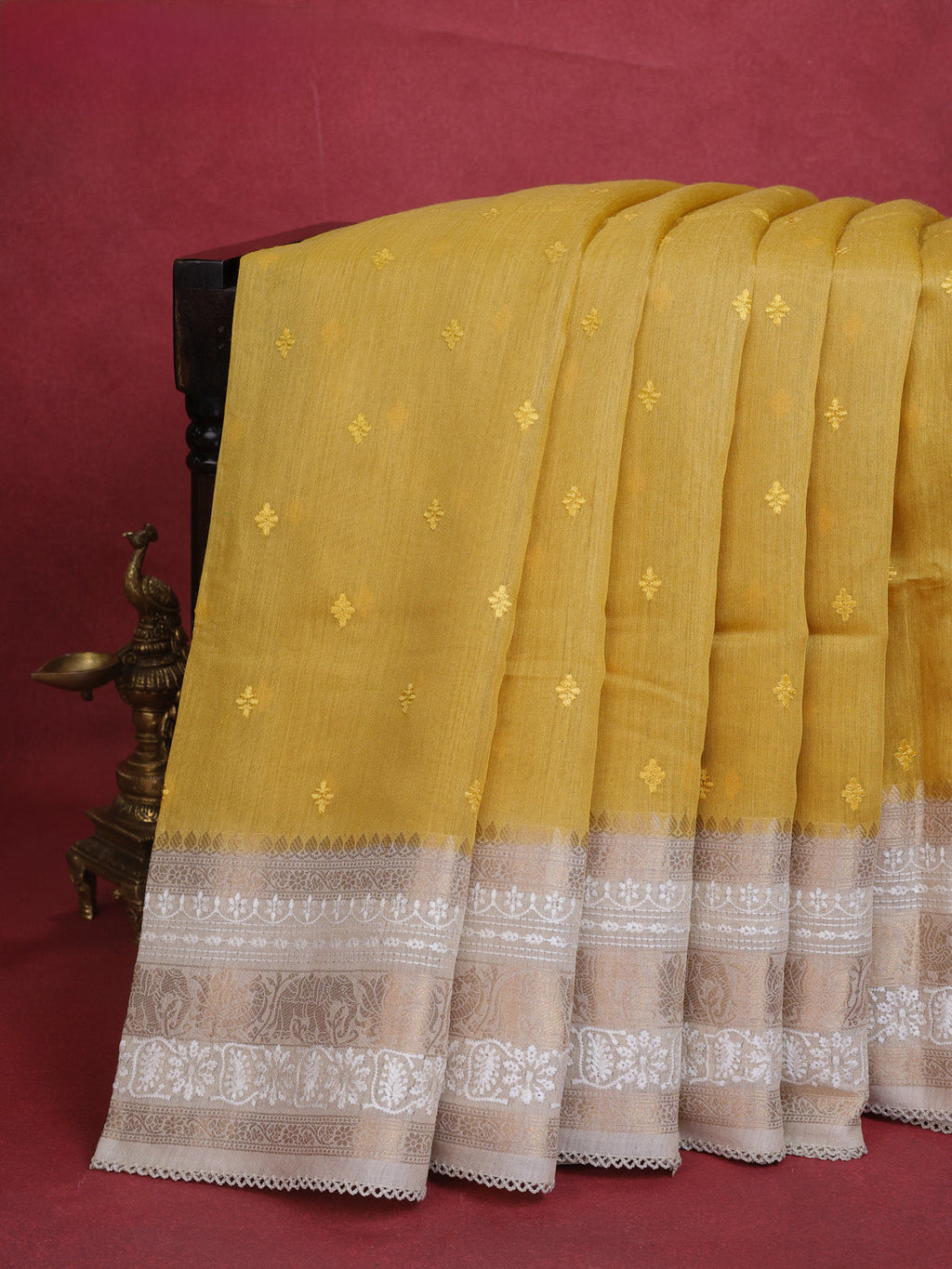 Yellow-Beige Handloom Tussar Silk Saree With Embroidery Motifi & Chikankari Work Border