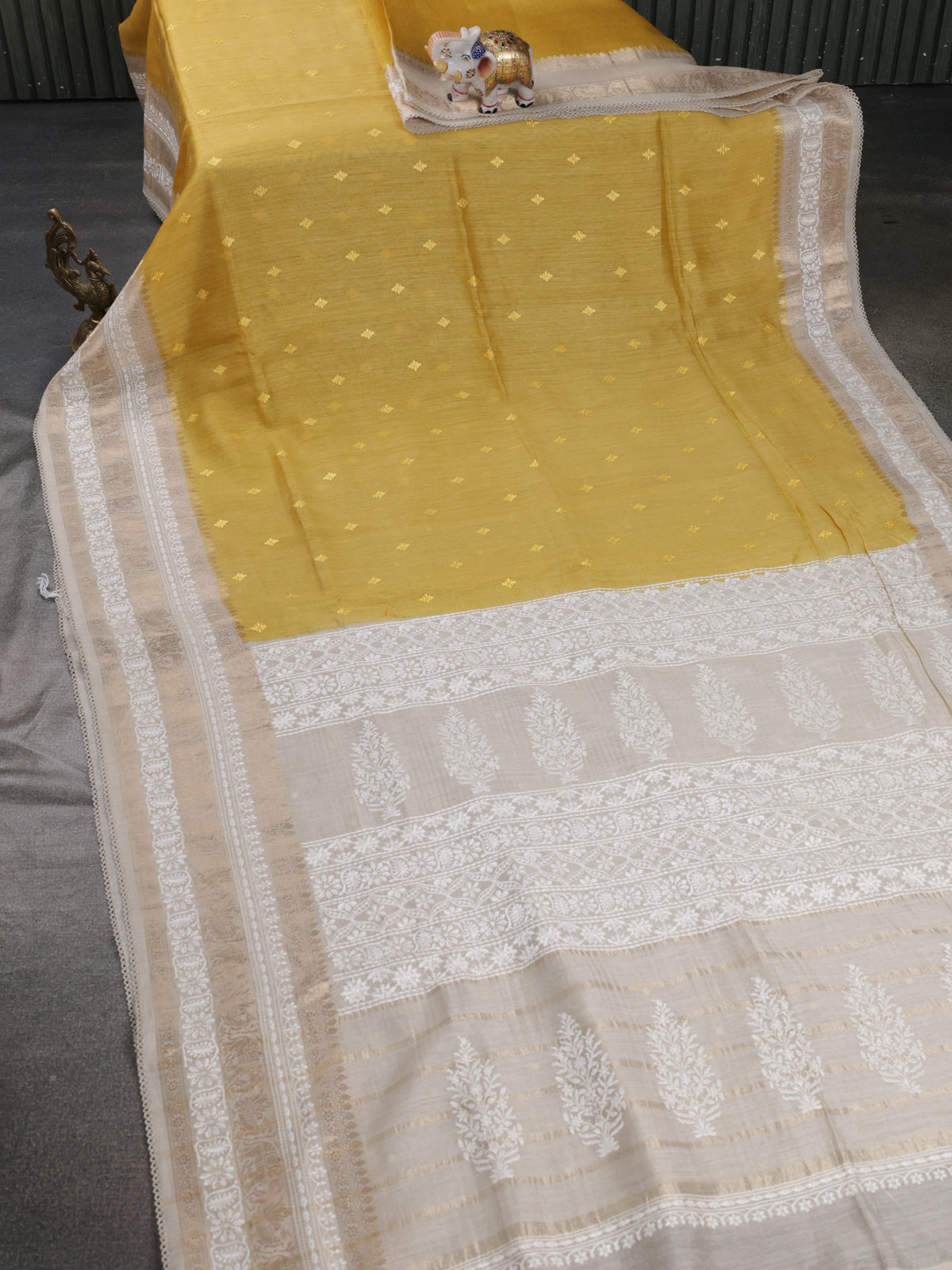 Yellow-Beige Handloom Tussar Silk Saree With Embroidery Motifi & Chikankari Work Border