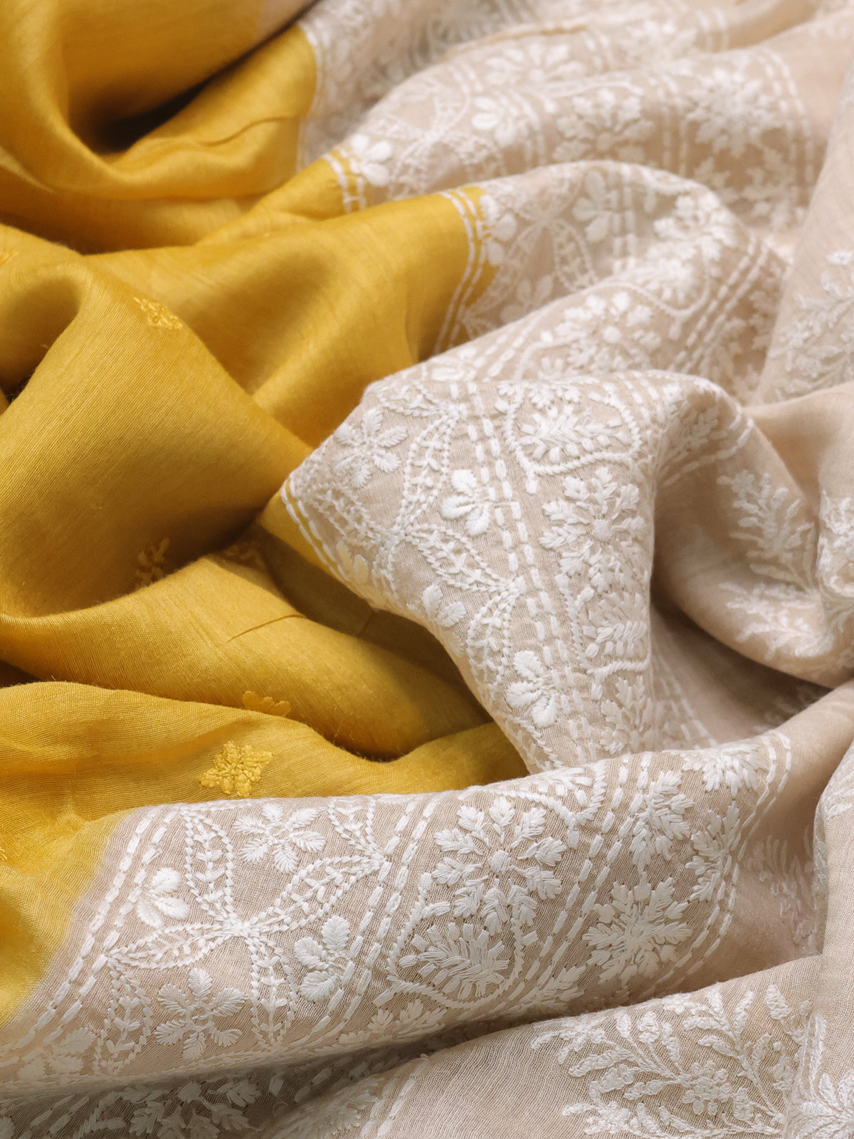 Yellow-Beige Handloom Tussar Silk Saree With Embroidery Motifi & Chikankari Work Border