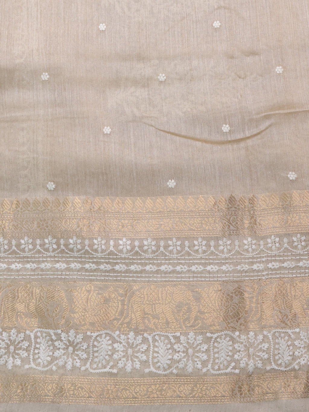 Yellow-Beige Handloom Tussar Silk Saree With Embroidery Motifi & Chikankari Work Border